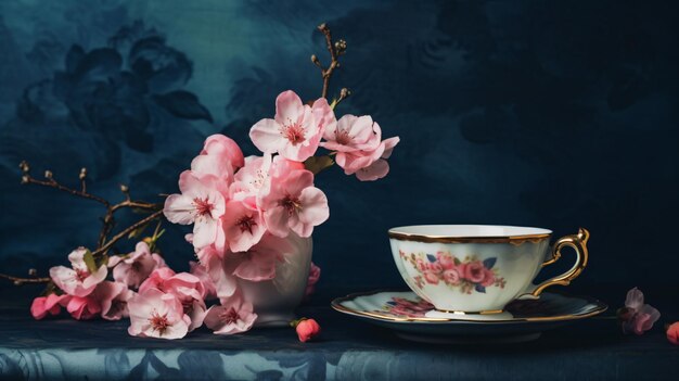 Cup and saucer on table with pink flowers
