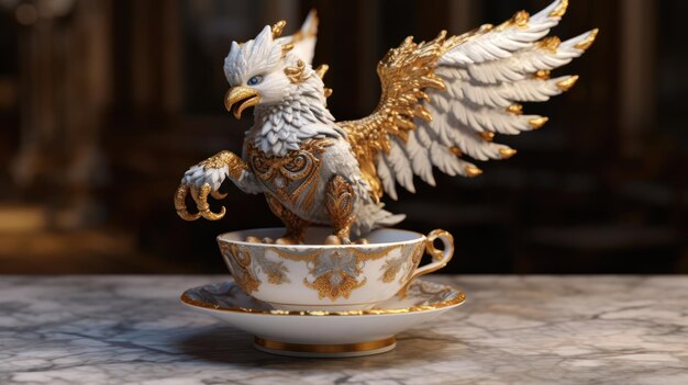 Photo a cup and saucer with a bird on it