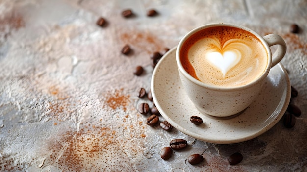 Cup and saucer with cappuccino drink on beige marble background