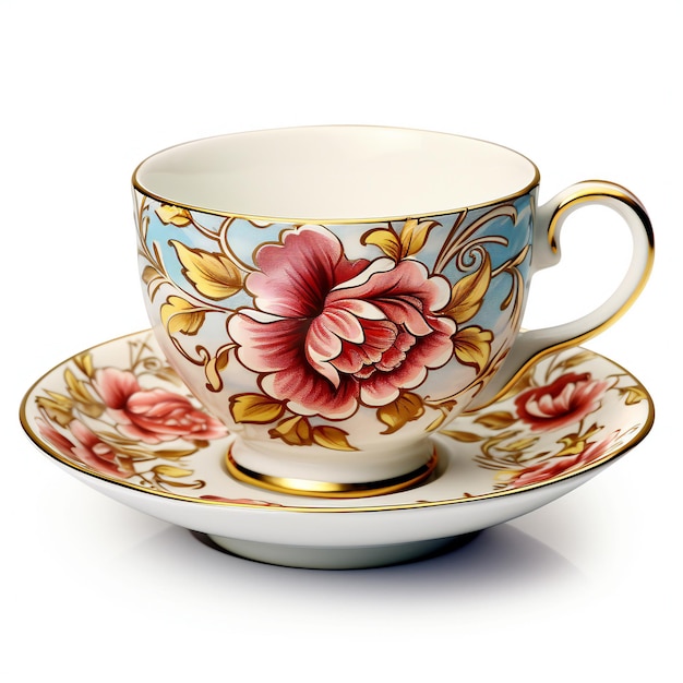 Photo cup and saucer with floral ornament on a white background