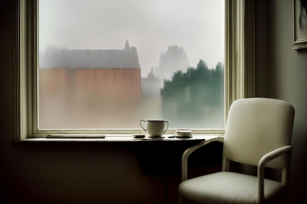 A Cup Sitting On A Table Next To A Window