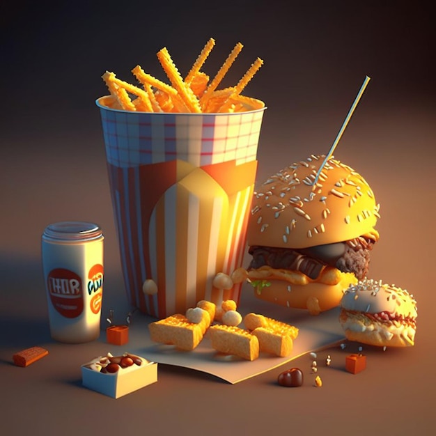 A cup of soda next to a burger and a drink