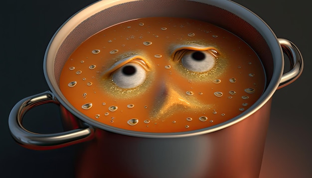 A cup of soup with eyes and a face on it