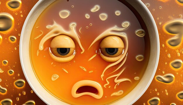 A cup of soup with a face drawn on it