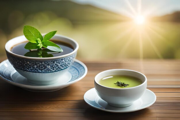 a cup of soup with a green leaf and a cup of tea on a table.