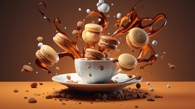 A cup of splashing coffe with flying macaroons Generative AI