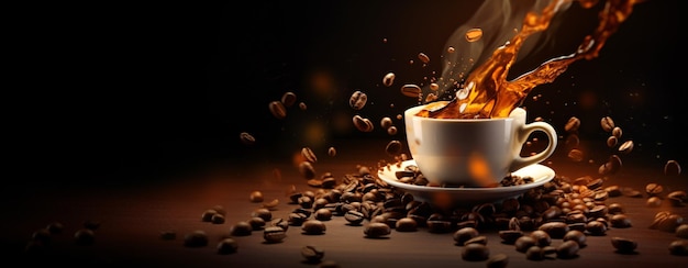 어두운 검정색 배경에 흩뿌려진 커피 한 잔