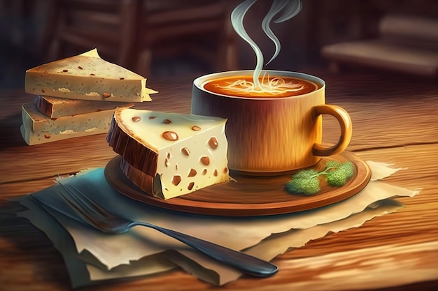 素朴な木材の選択的な注意の湯気のコーヒーと豪華なチーズのサンドイッチ