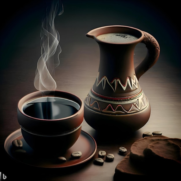 a cup of steaming hot coffee on a ethiopia or colombia ceramic saucer AI generative