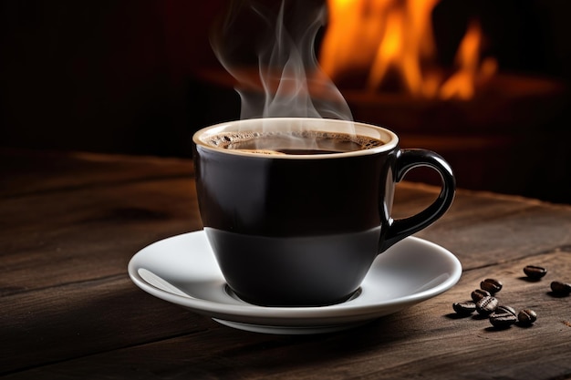 Cup of steaming hot coffee on wooden table and scattered coffee beans