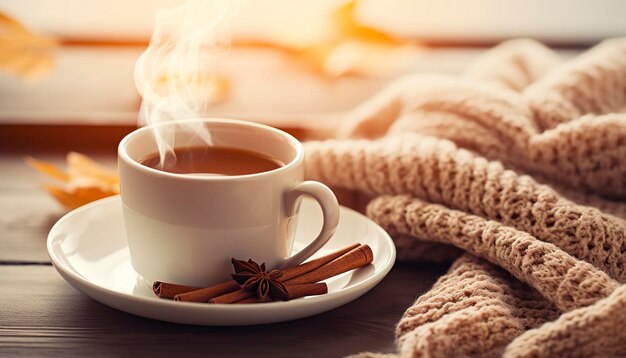 Cup of Steaming Tea Coffee Knitted Blanket and Cinnamon Anise Generative AI