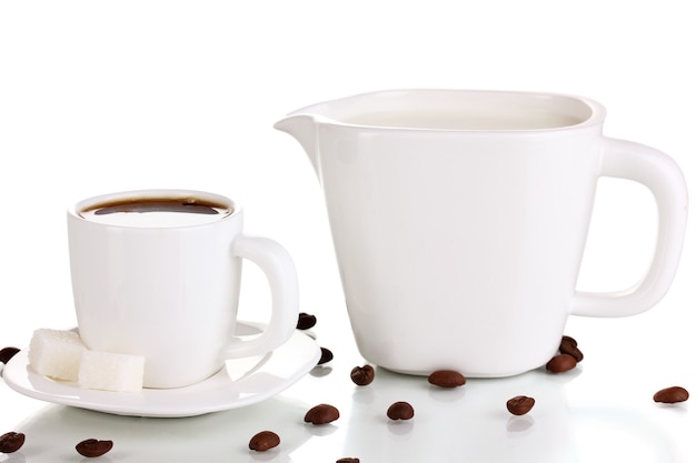 A cup of strong coffee and sweet cream isolated on white