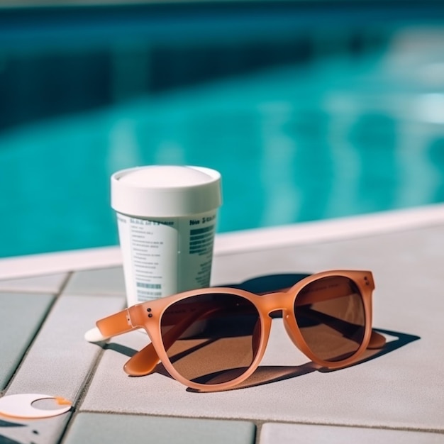 A cup and sunglasses are on a table next to a pool.