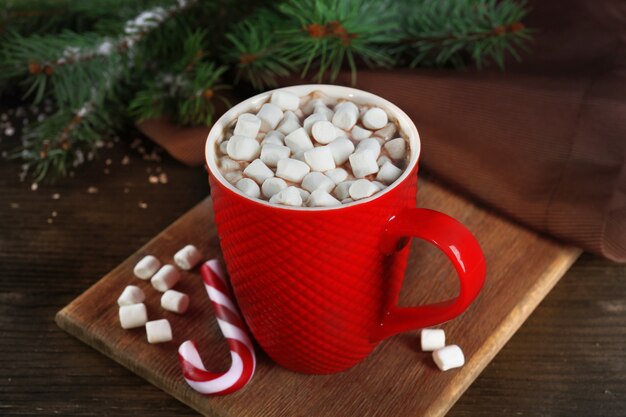 A cup of tasty cocoa and marshmallow on the table