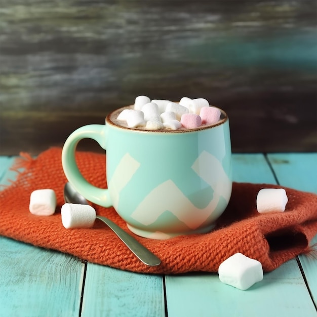 Cup of Tasty Hot Cocoa on Wooden Table on Colorful Background