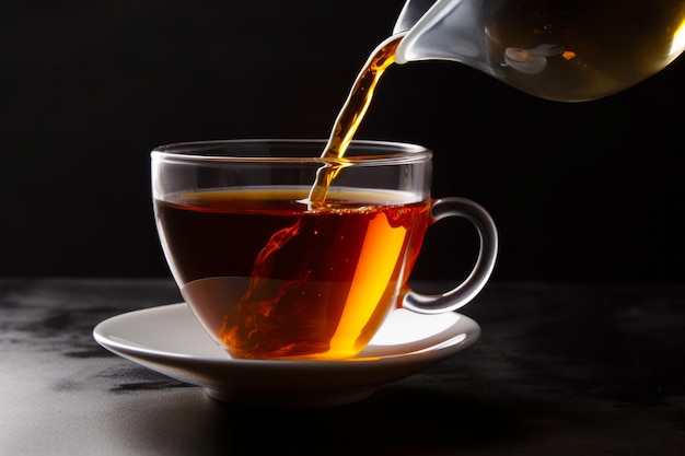 Cup of tea being poured into glass cup on saucer Generative AI