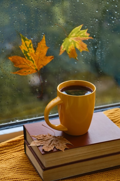 Cup of tea, book, autumn leaves and candle on window sill at home