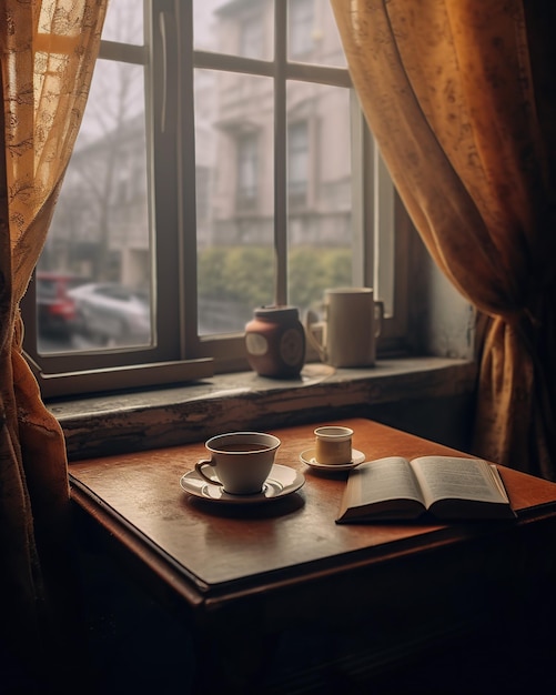 Cup of tea and book on the window