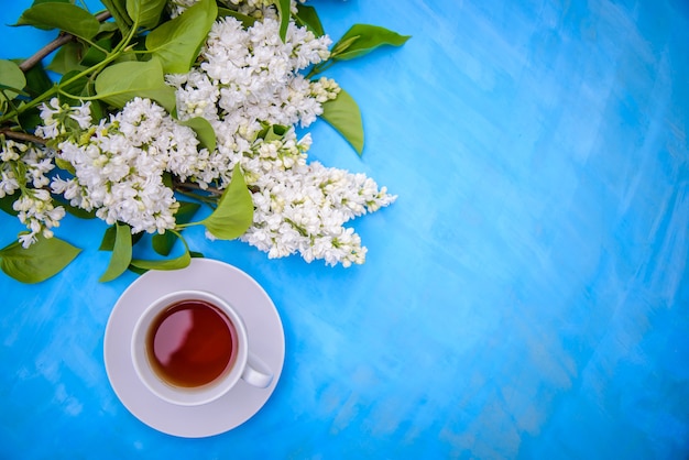 A cup of tea and branches of persian terry white lilac on a blue background, top view