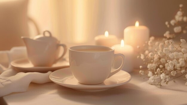 Чашка чая и горящая свеча в мягких бежевых тонах концепция тихой роскоши
