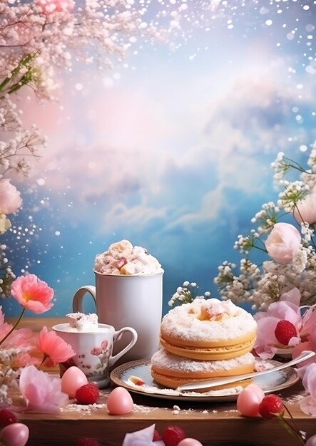 Foto una tazza di tè e torta con una tazza di caffè e fiori.