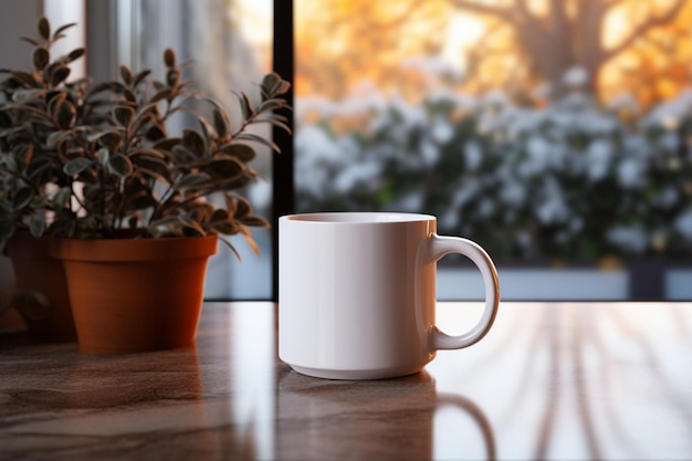 窓の近くのテーブルの上にあるお茶やコーヒーカップ 冬の休日