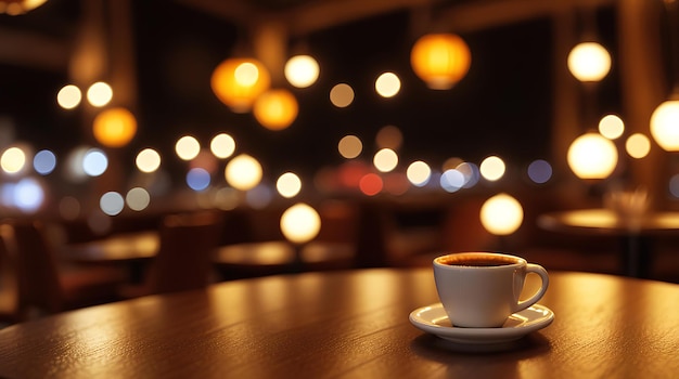 バーやレストランのテーブルに置かれた一杯の紅茶またはコーヒー、焦点のぼかされた背景とボケ味の効果