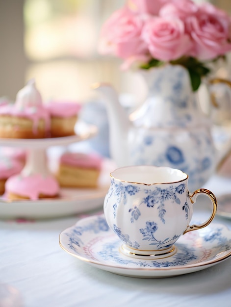 Cup of tea and cup cakes on a table