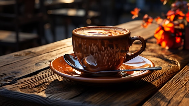 Foto una tazza di tè e una tazza di cappuccino su un tavolo di legno