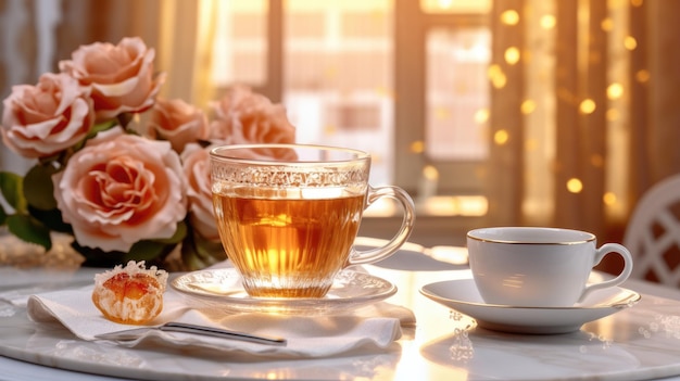 A cup of tea and a cup of tea on a table with a bouquet of roses in the background.