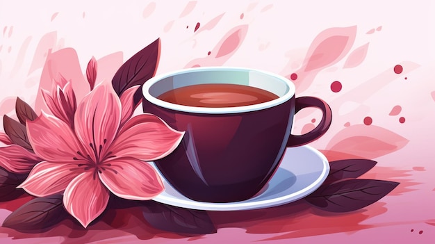 a cup of tea and flowers on a pink background