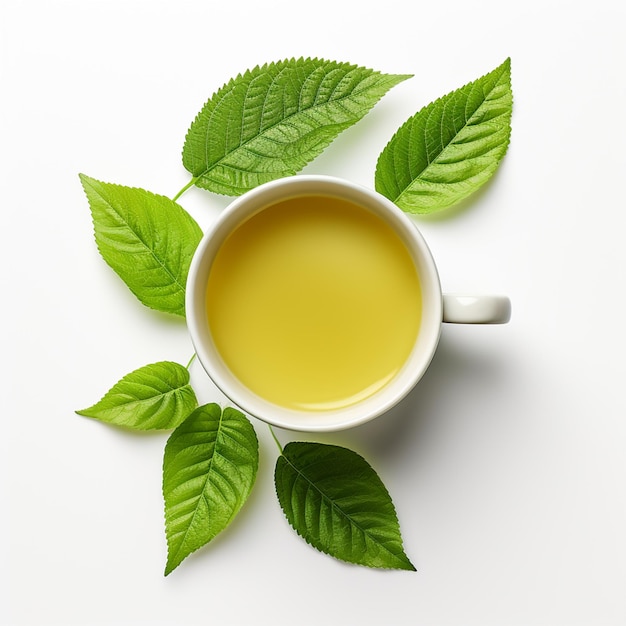 Cup of tea and green leaves isolated on white