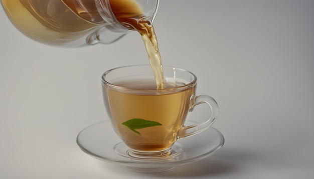 Photo a cup of tea is being poured into a glass cup