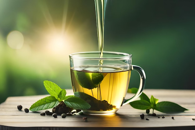 A cup of tea is poured into a glass cup.