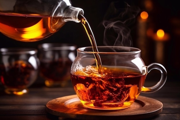 a cup of tea is poured into a glass