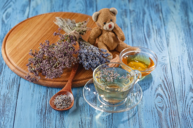 Cup of tea and lavender flowers