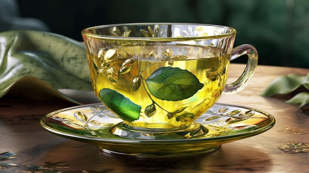 Cup of tea and lemon Cup with green tea on grey wooden background