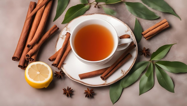 a cup of tea and a lemon on a plate with cinnamon sticks