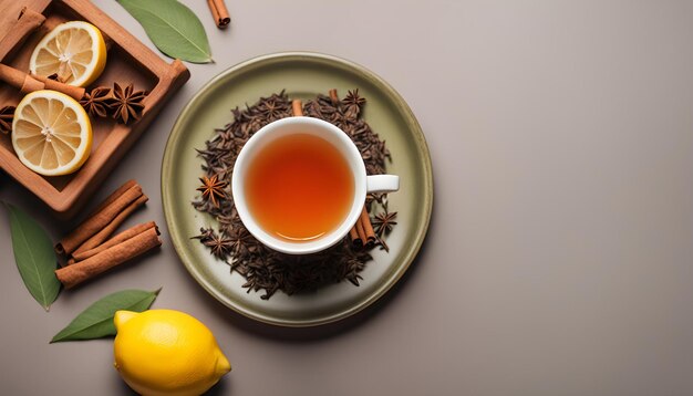 a cup of tea and a lemon on a plate with a cup of tea