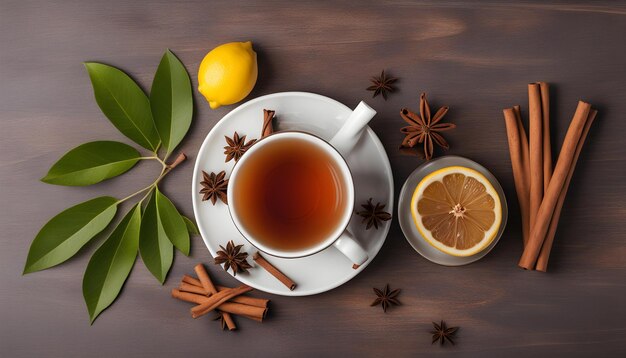 Photo a cup of tea and lemon on a wooden table