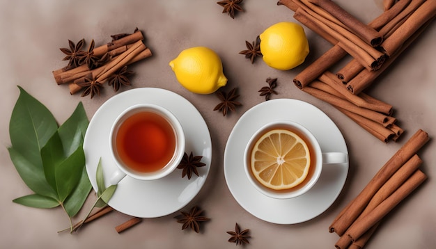 a cup of tea and lemons are next to a cup of tea and cinnamon sticks