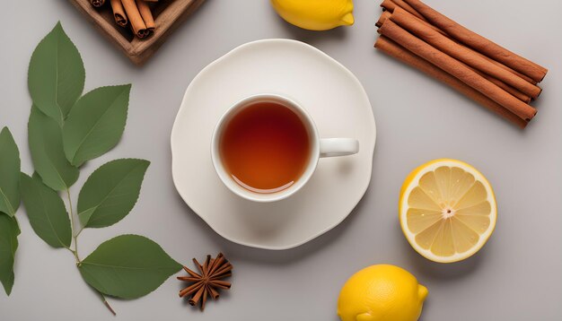 a cup of tea and lemons are on a table with a cup of tea and spices