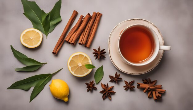 a cup of tea and lemons with spices and herbs