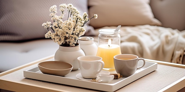 A cup of tea in the living room is a winter concept