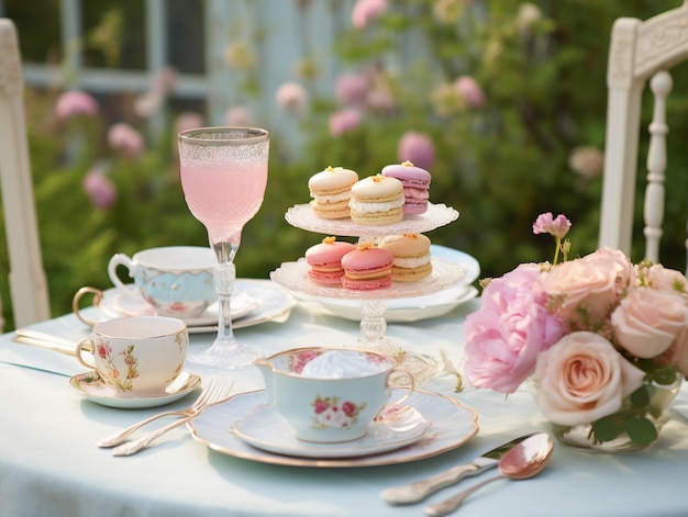 Cup of tea and macarons on a table in the garden