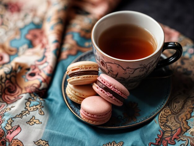 A cup of tea and macaroons on a blue napkin