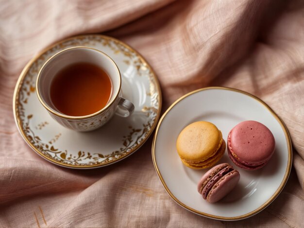 Cup of tea and macaroons on fabric