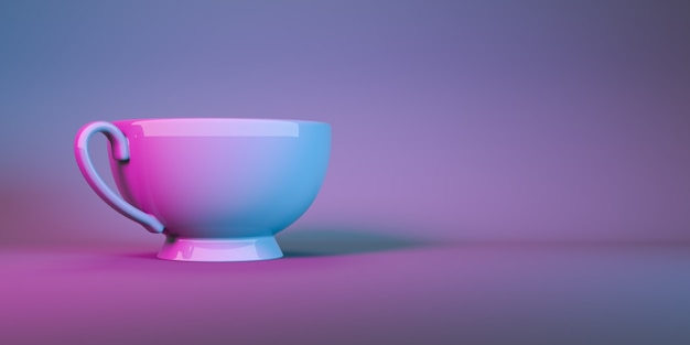 Cup for tea in neon light close-up