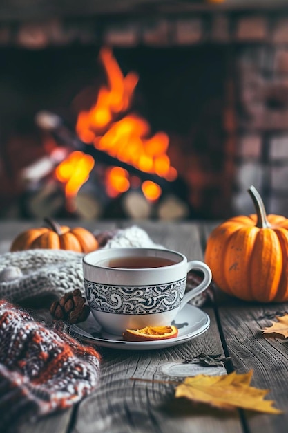 a cup of tea next to a pile of autumn leaves