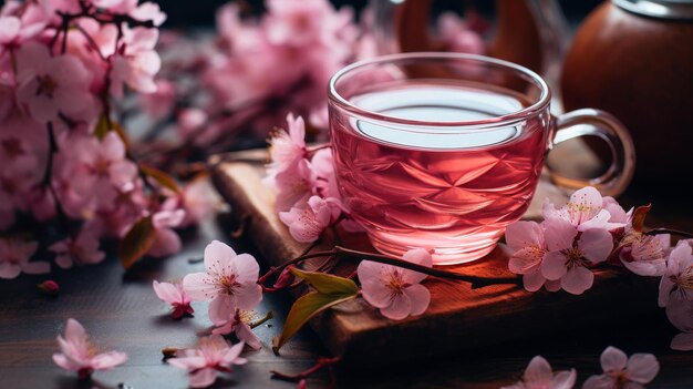 Foto una tazza di tè accanto a fiori rosa